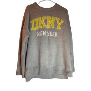DKNY Jeans Women Sweater Gray Yellow Logo Knit Crew Neck Long Sleeve Size L